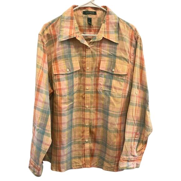 Lauren Ralph Lauren Women Linen Blend Button Up Shirt Sz 2X Yellow Plaid Classic - Picture 1 of 6